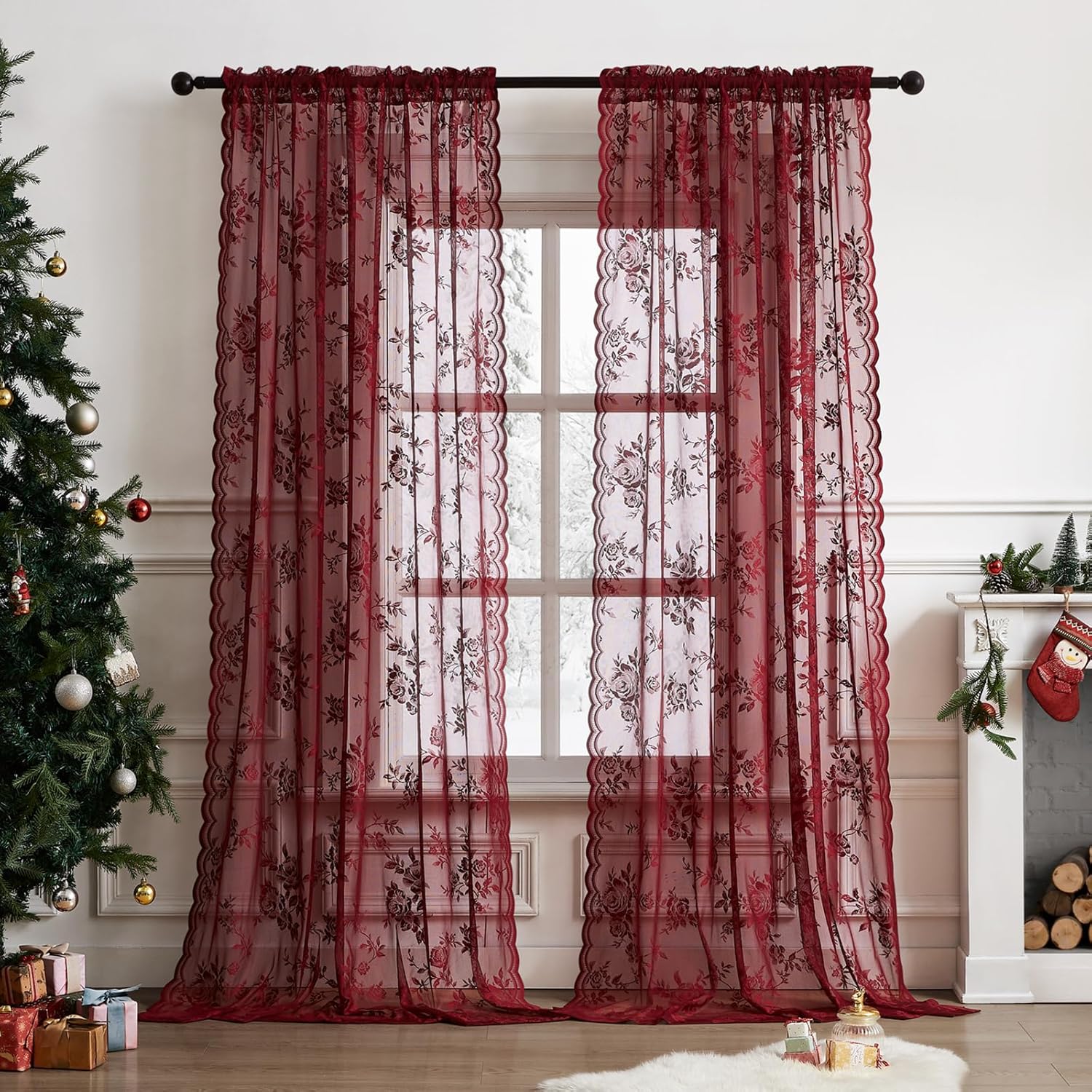 1 PC Burgundy Lace Curtains 45 - đánh giá và giá Curtain Rods